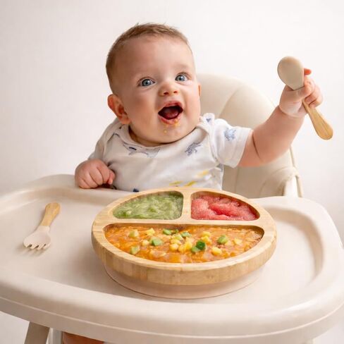 Bamboo Baby Plates with Suction, Toddler Plates for Self Feeding, Eco Friendly Baby Feeding Plate Set, Divided Plate for Baby Boy & Baby Girl, BPA Free, Easy Clean (Beige) in Saudi Arabia
