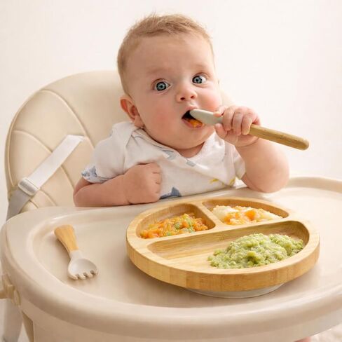 Bamboo Baby Plates with Suction, Toddler Plates for Self Feeding, Eco Friendly Baby Feeding Plate Set, Divided Plate for Baby Boy & Baby Girl, BPA Free, Easy Clean (Beige) in Saudi Arabia