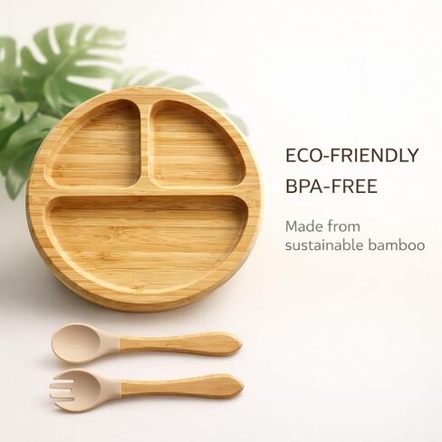 Bamboo Baby Plates with Suction, Toddler Plates for Self Feeding, Eco Friendly Baby Feeding Plate Set, Divided Plate for Baby Boy & Baby Girl, BPA Free, Easy Clean (Beige) in Saudi Arabia