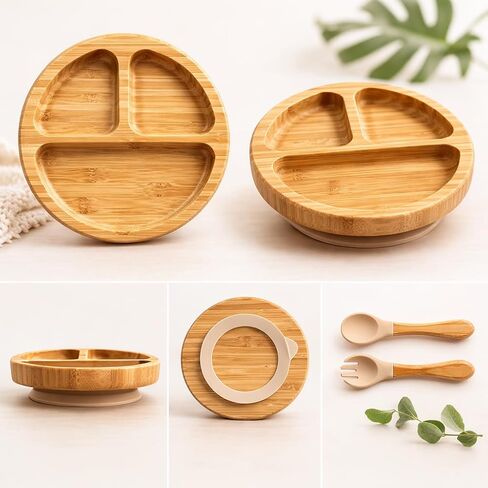 Bamboo Baby Plates with Suction, Toddler Plates for Self Feeding, Eco Friendly Baby Feeding Plate Set, Divided Plate for Baby Boy & Baby Girl, BPA Free, Easy Clean (Beige) in Saudi Arabia