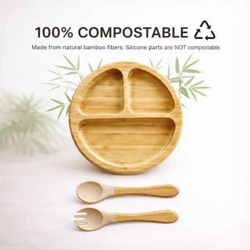 Bamboo Baby Plates with Suction, Toddler Plates for Self Feeding, Eco Friendly Baby Feeding Plate Set, Divided Plate for Baby Boy & Baby Girl, BPA Free, Easy Clean (Beige) in Saudi Arabia