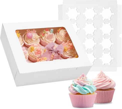 Moretoes 12 Count x 24 Sets Cupcake Boxes, 13 x 10 x 3.5 Inch Brown Cupcake Carrier Containers 24 Cardboard 12 Count, Kraft Bakery Boxes with Windows and Inserts to Hold Muffins & Pastries in Saudi Arabia
