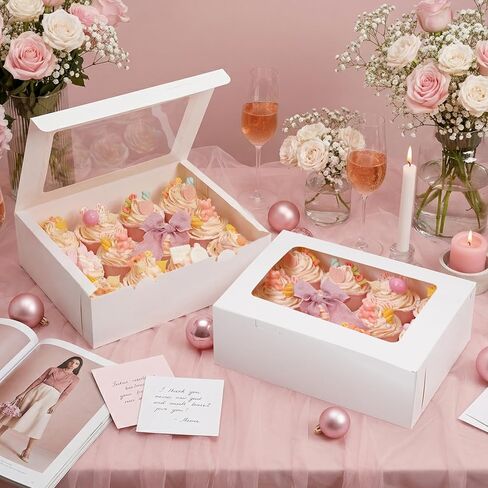 Moretoes 12 Count x 24 Sets Cupcake Boxes, 13 x 10 x 3.5 Inch Brown Cupcake Carrier Containers 24 Cardboard 12 Count, Kraft Bakery Boxes with Windows and Inserts to Hold Muffins & Pastries in Saudi Arabia