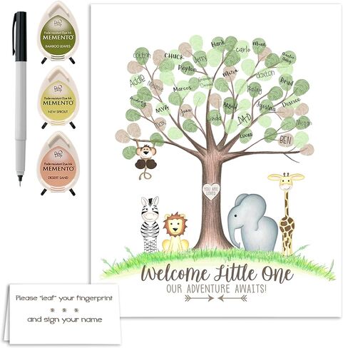 Jungle Baby Shower Fingerprint Tree Set with Ink Pads and Pen 8.5x11 Inches, Thumbprint Tree, Jungle Safari Baby Shower Supplies, Jungle Nursery Decor, Fingerprint Keepsake in Saudi Arabia