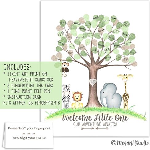 Jungle Baby Shower Fingerprint Tree Set with Ink Pads and Pen 8.5x11 Inches, Thumbprint Tree, Jungle Safari Baby Shower Supplies, Jungle Nursery Decor, Fingerprint Keepsake in Saudi Arabia