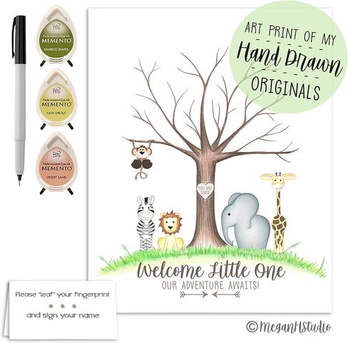 Jungle Baby Shower Fingerprint Tree Set with Ink Pads and Pen 8.5x11 Inches, Thumbprint Tree, Jungle Safari Baby Shower Supplies, Jungle Nursery Decor, Fingerprint Keepsake in Saudi Arabia