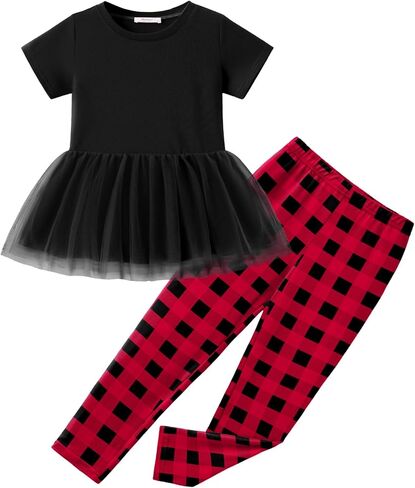 Arshiner Girls 2 Piece Outfits Casual Clothing Sets Short Sleeve Mesh Hem Roundneck Tops and Leggings Pants 2-10 Years in Saudi Arabia