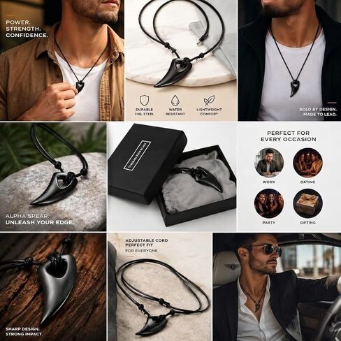 Urban Jewelry Men's Black 316l Stainless Steel Alpha Spear Wolf Teeth Pendant Chain Necklace in Saudi Arabia