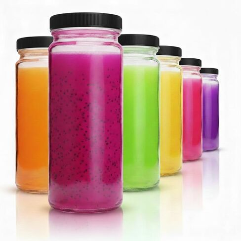 مجموعة زجاجات مياه زجاجية شفافة من All About Juicing - 6 عبوات ذات فم واسع مع أغطية للعصير والعصائر وتخزين المشروبات - 16 أونصة، متينة وقابلة لإعادة الاستخدام وآمنة للاستخدام في غسالة الأطباق ومضادة للتسرب (أغطية بيضاء) in Kuwait