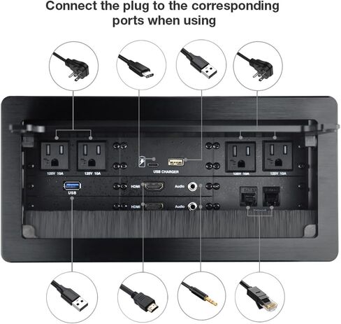 Tabletop Multimedia Connectivity Box with 4 AC Power+2 HDMI+2 Audio +2 LAN+1 USB-A Charger +1 USB-C Charger +1 USB3.0 Data with 5.58ft Power Cord for Conference Room (Black) in Saudi Arabia