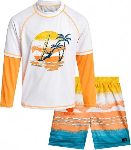 مجموعة السباحة للأولاد من Big Chill - مجموعة السباحة للأولاد Rash Guard - UPF 50+ Rash Guard بأكمام طويلة وقميص سباحة قصير (4-14) in Kuwait