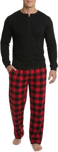 Men’s Pajama Set Pajamas For Men 2 Piece PJ Set with Cotton Knit Men Pajama Pants and Long Sleeve Henley T-Shirt in Kuwait