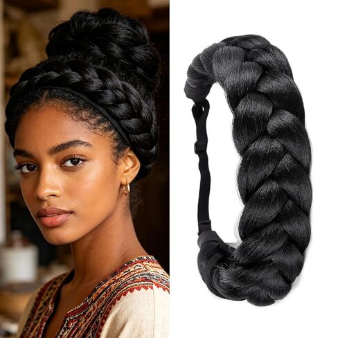 Bohemian Braided Headband Oversized Classic Wide Braids Adjustable Elastic Strap Synthetic Wig Headband Women's Braids Beauty Accessories (Beach Color) in Saudi Arabia