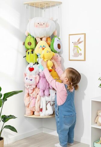 Corner Stuffed Animal Storage Net - Heigh Adjustable Wood Stuffed Animal Organizer - Large Wall Plush Holder Teddy Bear Storage for Bedroom Kids Room Nursery Decor (Natural Pine with Dolphin Pattern) in Saudi Arabia