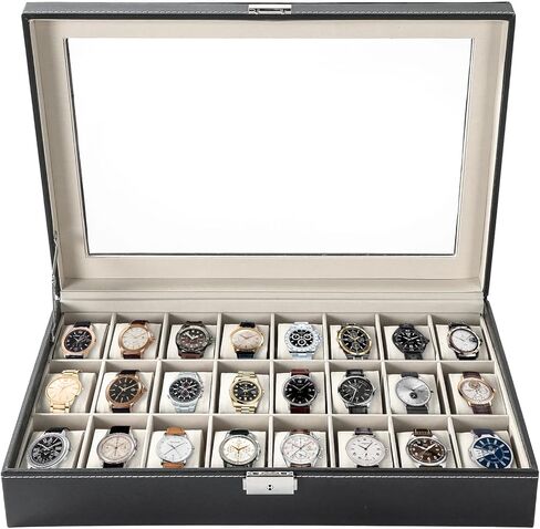 FLKQC 24 Slots Watch Box | Watch Case Display Organizer, Watch Display Case Glass Top for Men Women PU Leather Display Storage Collection Organizer Jewelry Case with Removable Pillows in Saudi Arabia