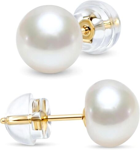 KEZEF Pearl Stud Earrings for Women 14K Real Gold Freshwater Cultured Pearl Earrings with Butterfly 14K Gold Back with Silicone in Saudi Arabia