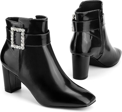 Perphy Rhinestone Buckle Decor Square Toe Chunky Heel Ankle Boots for Women in Saudi Arabia