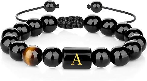 HUASAI Initials Bracelet for Men Letter Beaded Bracelet Black Onyx Tiger Eye Stone Bracelet Adjustable Name Bracelet Birthday Gifts for Friends Boyfriend Husband in Saudi Arabia