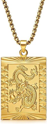 Fusamk Fashion 18K Gold Plated Dragon Dog Tag Pendant Necklace,22" Box Chain in Saudi Arabia