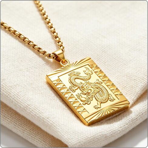 Fusamk Fashion 18K Gold Plated Dragon Dog Tag Pendant Necklace,22" Box Chain in Saudi Arabia