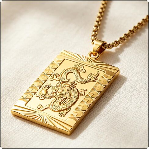Fusamk Fashion 18K Gold Plated Dragon Dog Tag Pendant Necklace,22" Box Chain in Saudi Arabia