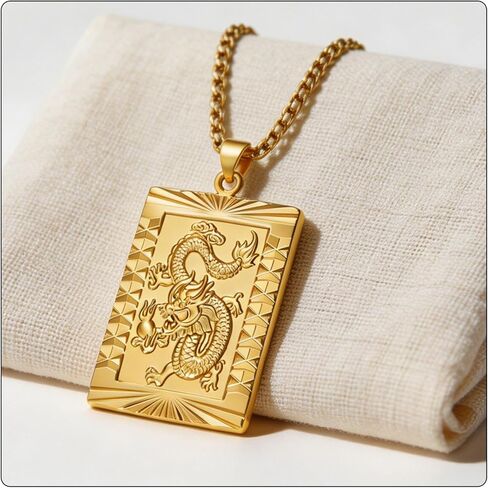 Fusamk Fashion 18K Gold Plated Dragon Dog Tag Pendant Necklace,22" Box Chain in Saudi Arabia