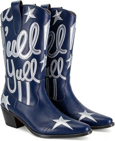 Cowboy Boots for Women Pull On Mid Calf Western Boots Fashion Embroidery Cowgirl Boots Pointed Toe Chunky Heel Boots in Saudi Arabia