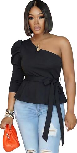 Ekaliy Women Sexy One Shoulder Sleeveless Bodycon High Low Asymmetrical Ruffle Tunics Blouse Shirt Top Dress in Saudi Arabia
