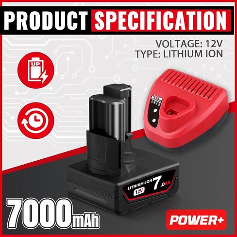 2 Pack 12V 7.0AH استبدال لـ Milwaukee 48-11-1862 Battery & N12 3A شاحن متوافق مع بطارية Milwaukee 12V LI-ION 48-11-1812 48-11-1828 48-11-1850. in Kuwait