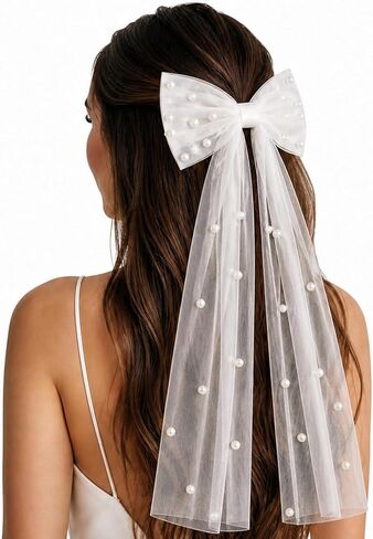 Bridal Veil Hair Clip, Elegant Bachelorette Veil with Pearls, Bridesmaid Hair Bow for Wedding Parties Women Girls in Saudi Arabia
