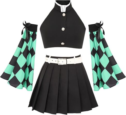 C-ZOFEK Kamado Tanjirou Cosplay Women Costume Top Pleated Skirt Detachable Sleeves with Belt in Saudi Arabia