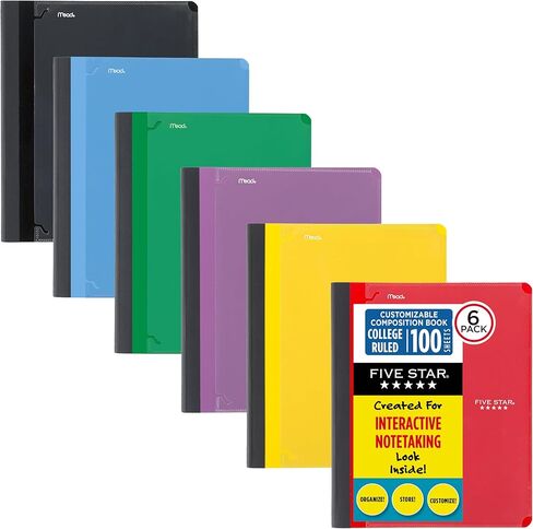 Five Star Interactive Notetaking Composition Books, 6 Pack, 1 Subject, College Ruled Paper, 9" x 11", 100 Sheets, Customizable, Red, Yellow, Green, Blue, Purple, Black (38612) in Saudi Arabia