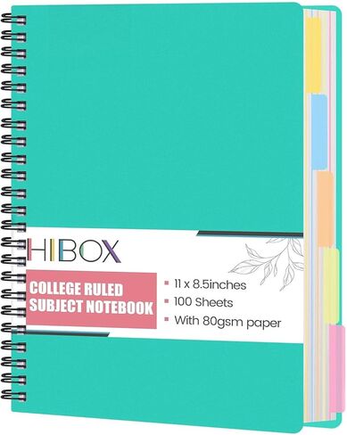 HIBOX Spiral Notebook with Tabs, 8.5x11inch Hardcover College Ruled Journals with Deviders 5 Subject Project Notebook Perforated Edges for School Office, Green in Saudi Arabia