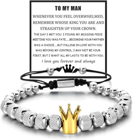 DIOWUS To My Man - مجموعة هدايا سوار التاج الخاص بك، تاج الزركون I Love You سوار مطرز قابل للتعديل من الفولاذ المقاوم للصدأ مجوهرات الذكرى السنوية وأعياد الميلاد للرجال in Kuwait