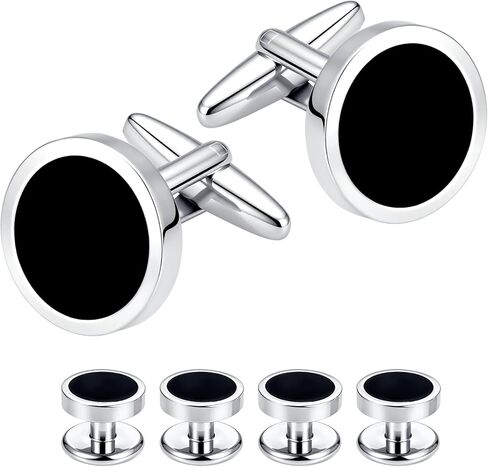 Mr.Van Onyx Cufflinks and Studs Set Formal Black Silver Groomsmen Groom Wedding Gift Cuff Links in Kuwait
