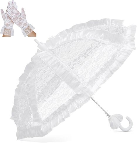 Amylove Halloween Lace Umbrella Parasol Wedding Umbrella Lace Gloves Set Wedding Bridal Short Floral Tea Party 1920s Costume Decorations in Kuwait