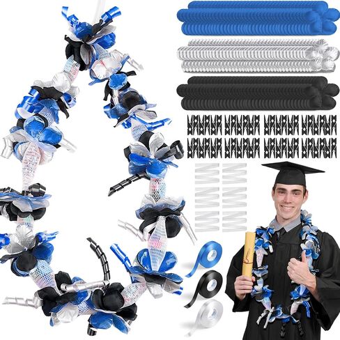Unittype 6 Sets 2025 Graduation Candy Lei Making Kit DIY Lei Netting Tubing Include 5 ft Mesh Bag 3 Rolls of 98 ft Ribbon 216 Pcs Flower Pieces for Grad Party Supplies(Gold, Silver Gray, Black) in Saudi Arabia