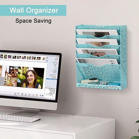 EasyPAG Desk File Organizer Heavy Duty Metal Wall Mount File Holder 5 Tier Mail Paper Folder Holder with Bottom Tray for Office Home Cubicle Countertop, White in Saudi Arabia