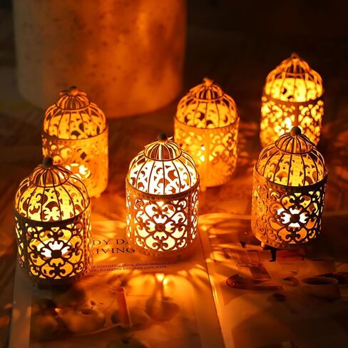 JHY DESIGN 6 Pcs Wedding Centerpieces 5.5 inch Height Small Metal Candle Stick Holder Hanging Birdcage Tealight Lantern Hollow Candle Holders for Table Valentine Patio Indoor Outdoor (Cream White) in Saudi Arabia