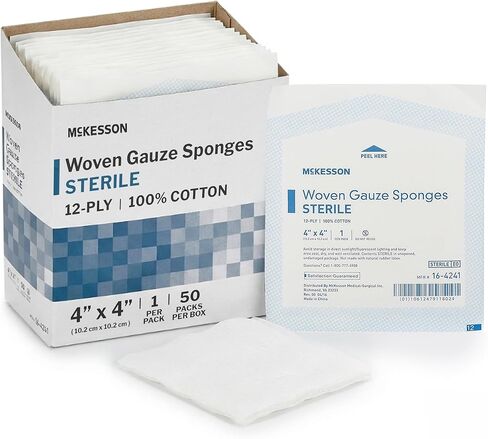McKesson Woven Gauze Sponges, Sterile, 12-Ply, 100% Cotton, 4 in x 4 in, 50 Per Pack, 1 Pack in Saudi Arabia