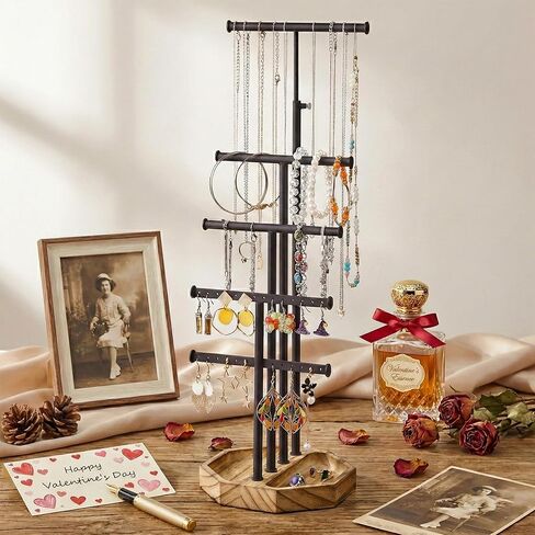 SRIWATANA Jewelry Organizer Stand, Gifts for Mom, 5 Tier Necklace Holder Bracelet Earring Holder Jewelry Display Stand Large Storage with Wood Base, Carbonized Black in Saudi Arabia