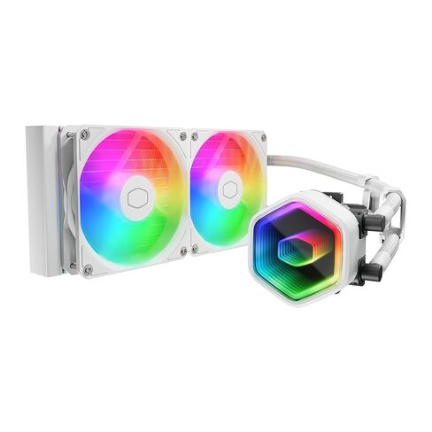 Cooler Master 240 Core II White AIO CPU CAPU COWNER ، R9 | U7 | I7 ، Dual Chamber G9R PUMP ، Infinity Mirror Argb ، 400 مم أنابيب ، رادياتير 240 مم ، مروحة PWM 120 مم ، AMD RYZEN AM5 | 4 ، Intel LGA 1851 | 1700 منصة in Kuwait
