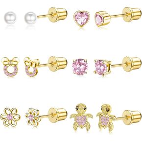 CASSIECA 20G Hypoallergenic Screwback Earrings for Girls Women Stainless Steel CZ Heart Flower Turtle Stud Earrings Jewelry Gift in Saudi Arabia