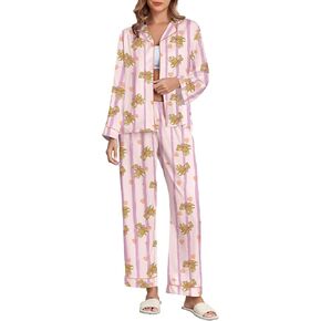 Brosloth Women's Silk Satin Pajamas Pjs Sets Cute Tiger Pattern Two Piece Loungewear Set Button Up Pajamas Sleepwear Black in Saudi Arabia
