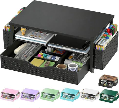 Desk Organizer and Accessories, Computer Monitor Stand Riser with Drawer and 2 Pen Holders, Office Desk Accessories & Workspace Organizers for Office Supplies (Black) in Saudi Arabia