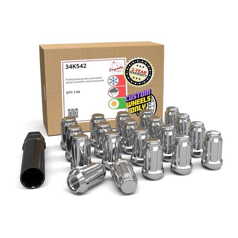 Wheel Accessories Parts Set of 20 Chrome 1/2 Spline Lug Nuts 1.38" Long Car Small Diameter Lug Nut Closed End Bulge Acorn 6 Spline Wheel Locking Lugs with Key (1/2-20, Chrome) in Saudi Arabia