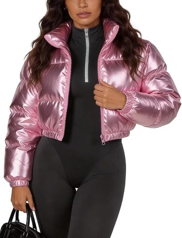 Women's Metallic Shiny Cropped Puffer Jacket Long Sleeve y2k Zip Up Padded Down Short Coat Outerwear in Saudi Arabia