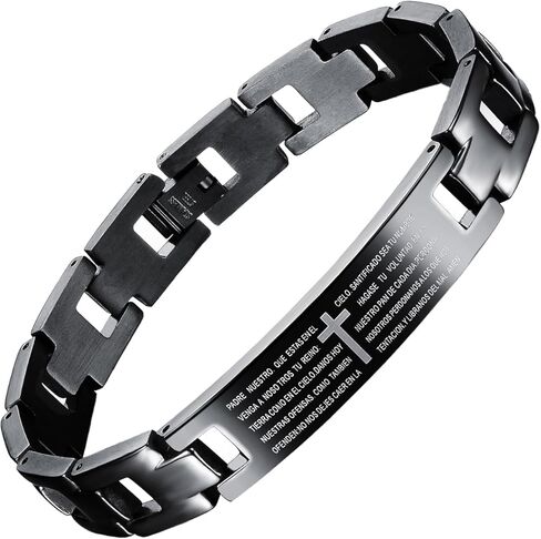 TEMICO Men's Spanish/English Bible Lords Prayer Cross Bracelet Stainless Steel Link Chain Bracelet Black in Saudi Arabia