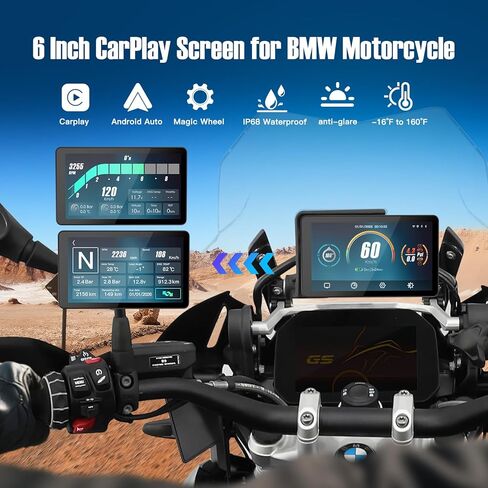 Carabc DB601 لـ BMW Motorcycles Touchcreen ، شاشة التوصيل والتشغيل الذكية ، دعم CarPlay/Android Auto ، IP68 مقاوم للماء ، 60 إطارًا في الثانية ، GPS المدمج ، قراءة البيانات in Kuwait