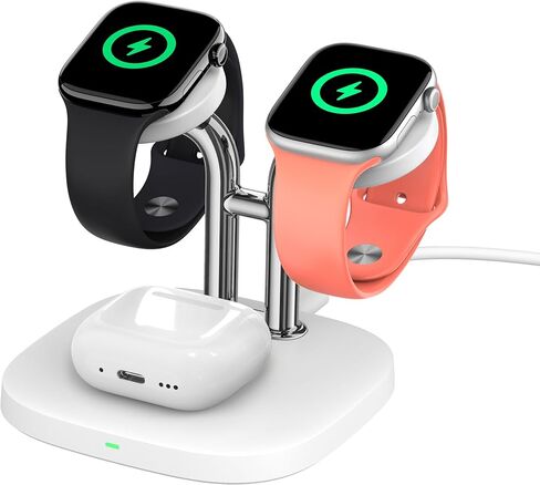 شاحن مشاهدة مزدوج مع شحن سريع لشركة Apple Watch ، Swanscout 704a ، 3-in-1 محطة الشحن اللاسلكية تقف لـ Apple Watch Ultra 2/10/9 ، Dock الشاحن اللاسلكي لـ Airpods Pro 2/3/2 (White & Silver) in Saudi Arabia